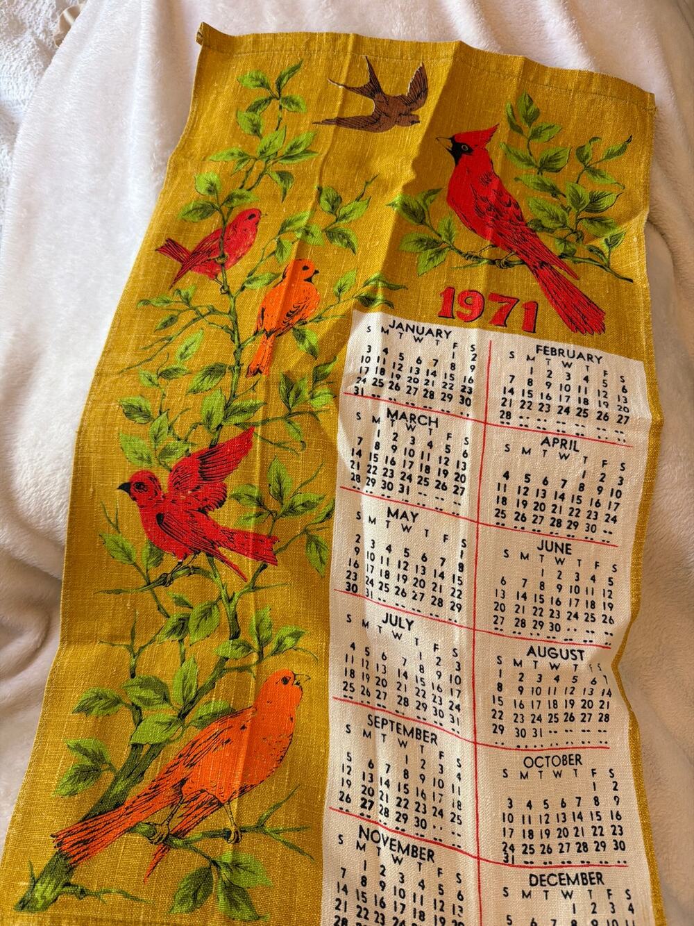 Vintage 1971 Linen Calendar Birds Wall Hanging Tea Towel Kitchen Decor